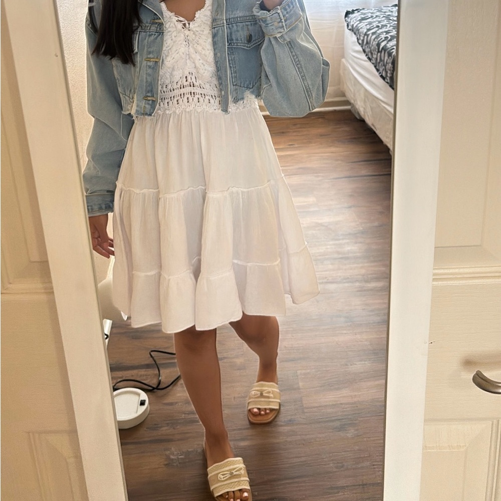 White Lace Dress with Denim Jacket